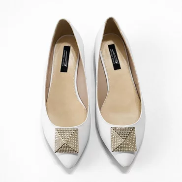 Balerini Piele Naturala Albi cu accesoriu strasuri Elisya