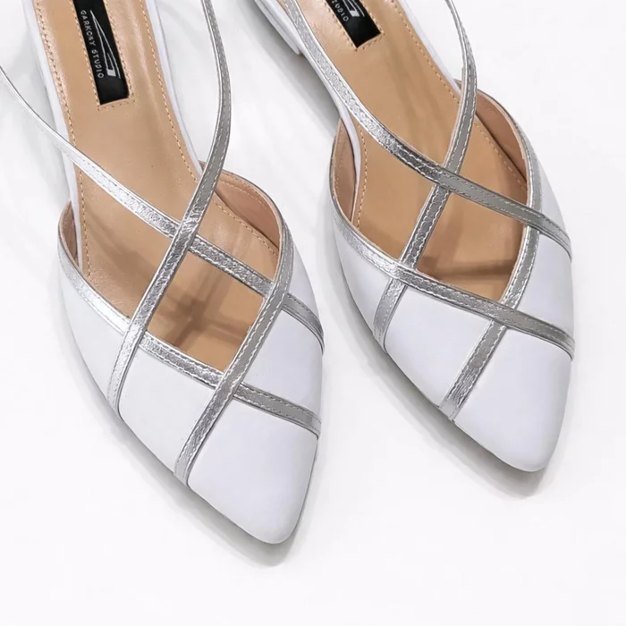 Balerini Piele Naturala Albi cu argintiu Moon picture - 3