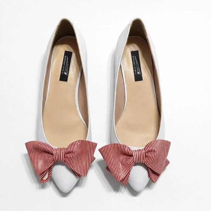 Balerini Piele Naturala Albi cu funda rosie Alisia picture - 3