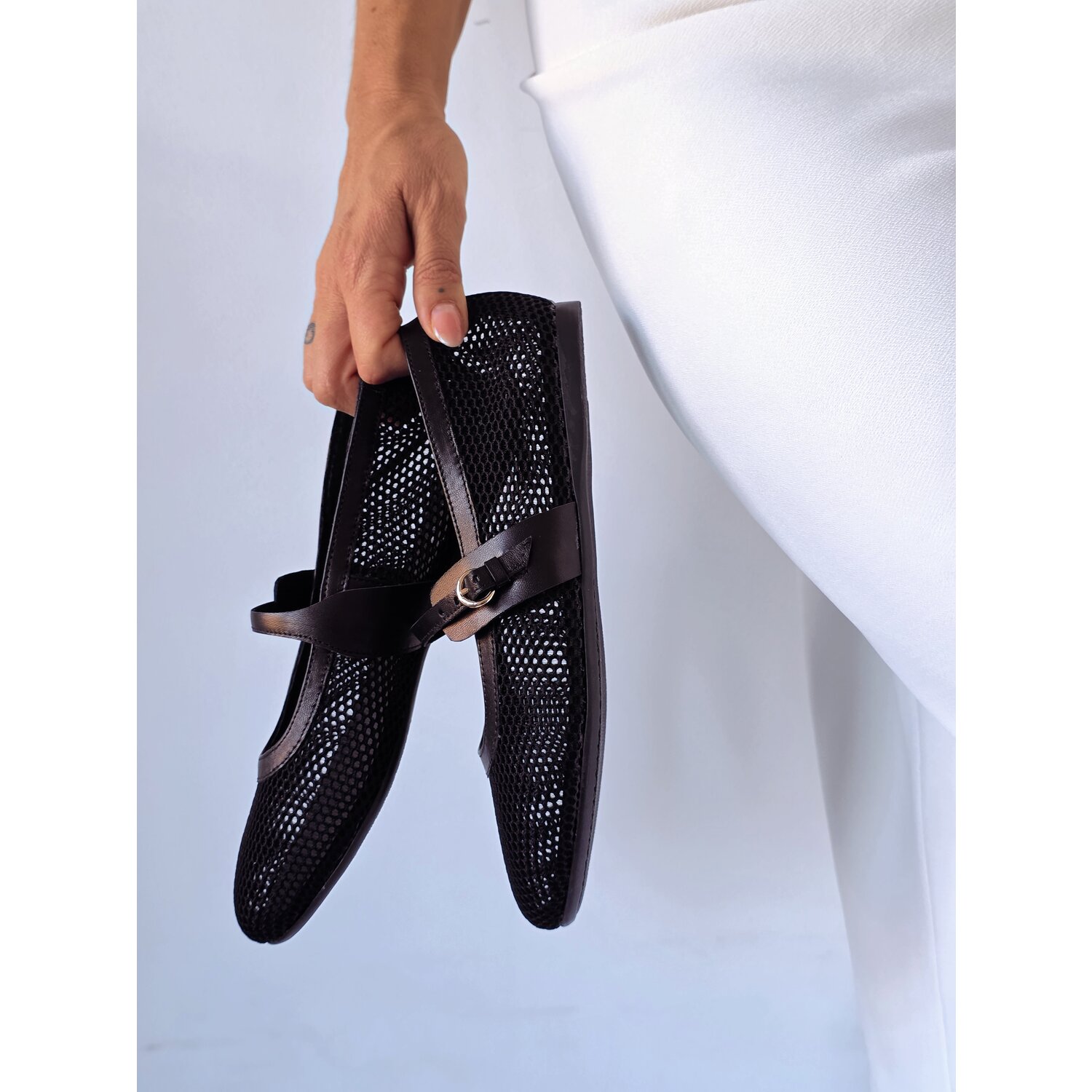 Balerini Piele Naturala negri cu plasa Glosy