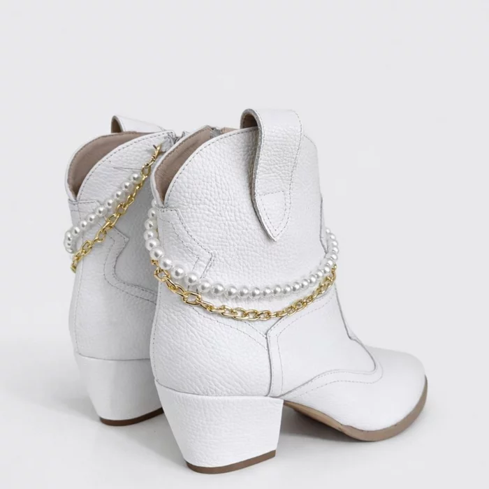 Ciocate dama Piele Naturala Albe bizonat accesorizate cu lant perle Sisa picture - 5