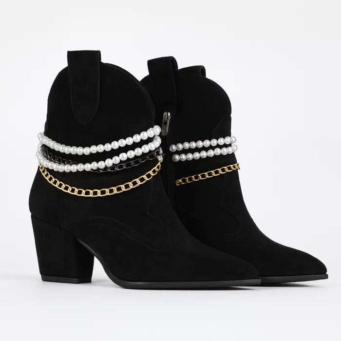 Ciocate dama Piele Naturala Negre accesorizate cu lant perle Sisa picture - 2