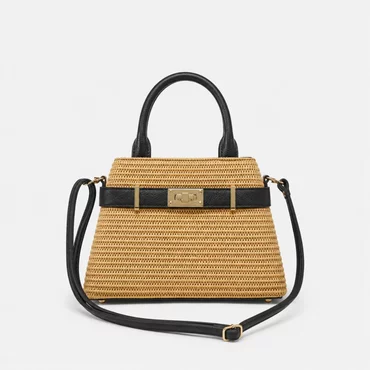 Geanta dama din Ratan Natural Bej si Piele Naturala Neagra Marbella