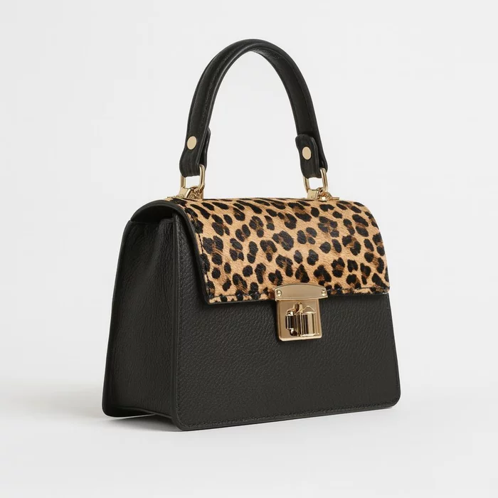 Geanta medie dama Piele Naturala Neagra cu imprimeu leopard Andia picture - 4