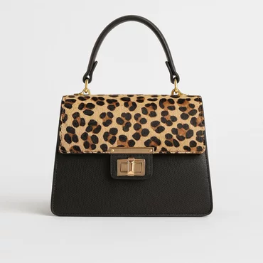 Geanta medie dama Piele Naturala Neagra cu imprimeu leopard Andia