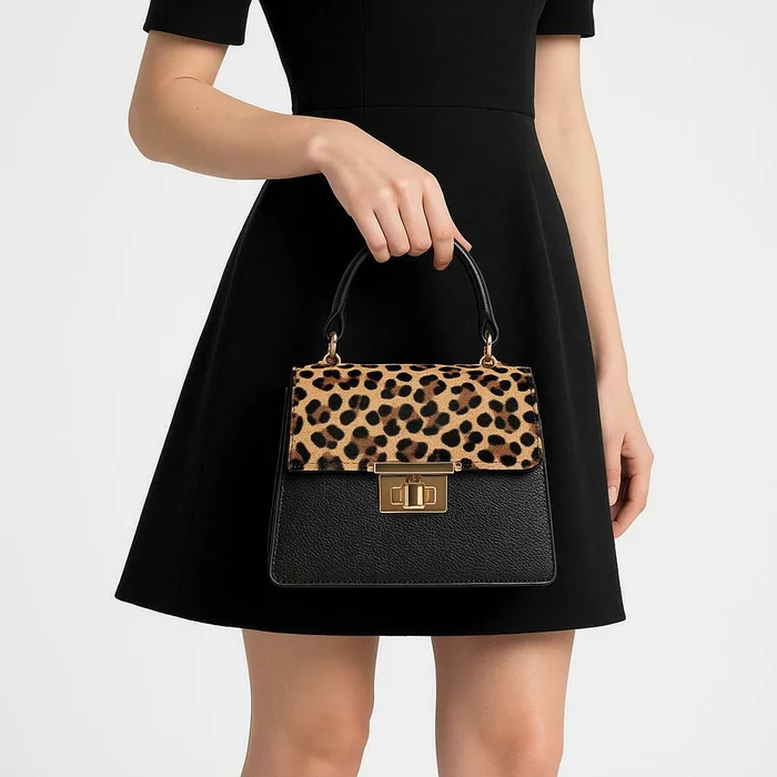 Geanta medie dama Piele Naturala Neagra cu imprimeu leopard Andia picture - 2