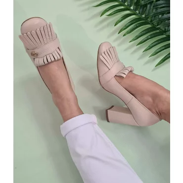 Pantofi bej din piele naturala Ameli cu franjuri