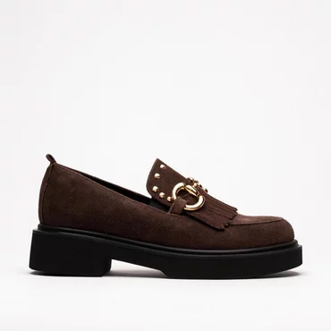 Pantofi casual dama Piele Naturala velur Maro ciocolata cu franjuri Glory