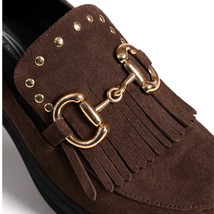 Pantofi casual dama Piele Naturala velur Maro ciocolata cu franjuri Glory picture - 2