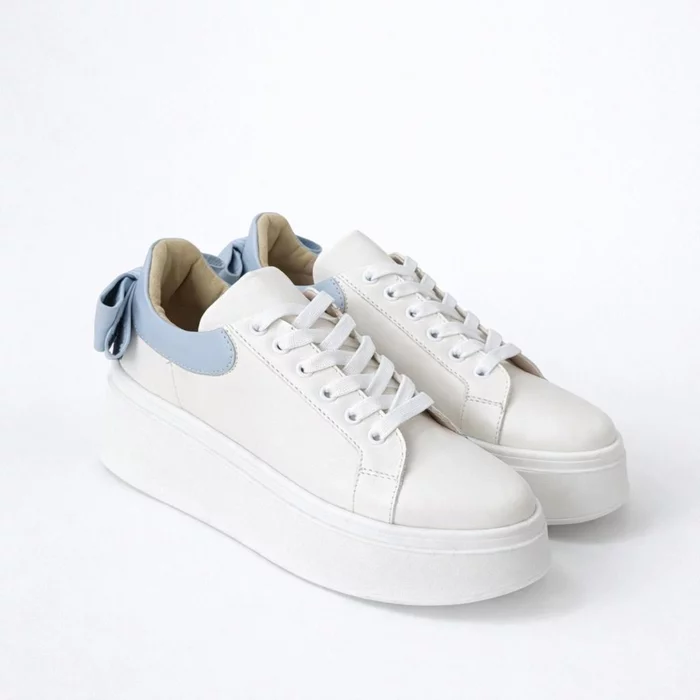 Pantofi casual Piele Naturala Alb cu Blue Bow picture - 3