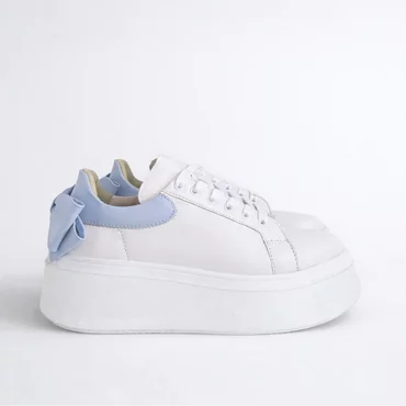 Pantofi casual Piele Naturala Alb cu Blue Bow