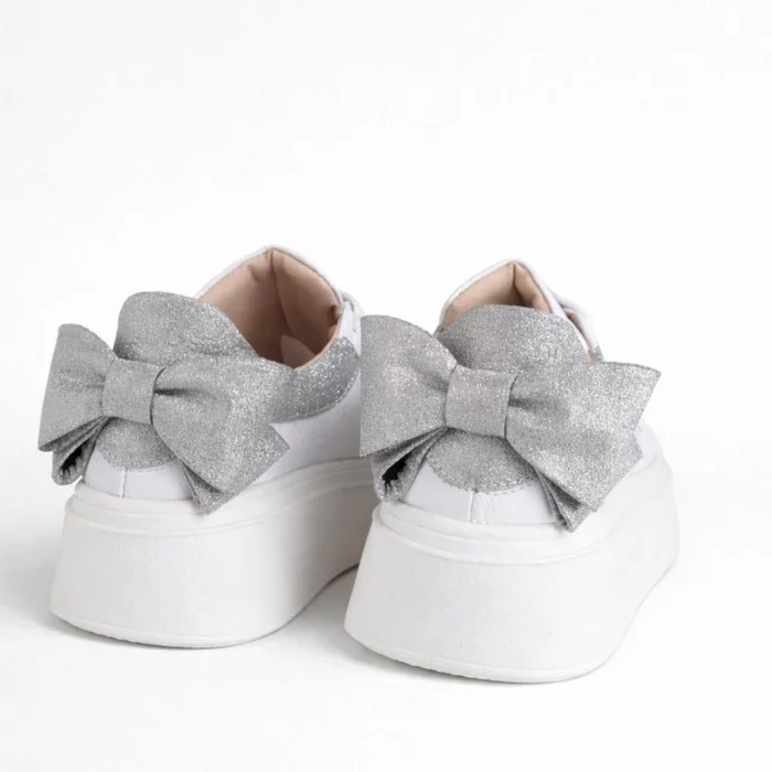 Pantofi casual Piele Naturala albi cu argintiu Bow picture - 2