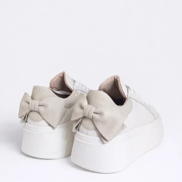 Pantofi casual Piele Naturala Albi cu Bej Bow picture - 2