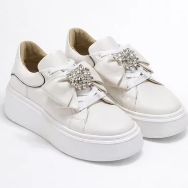 Pantofi casual Piele Naturala Albi cu funda si accesoriu Noam