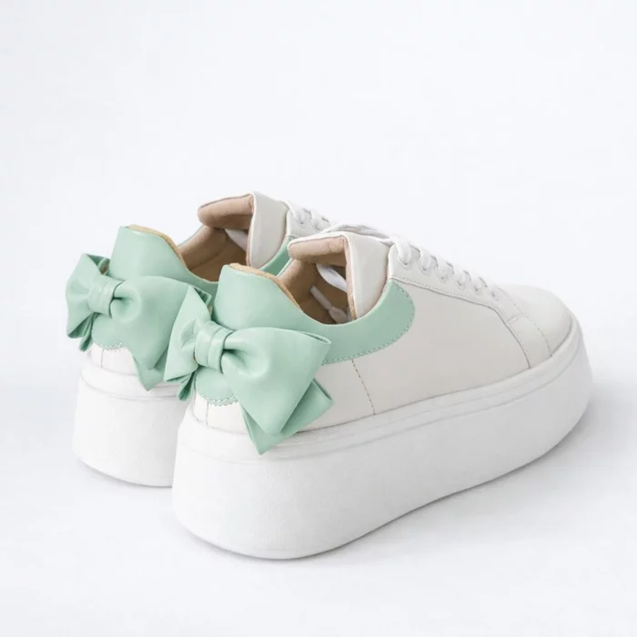 Pantofi casual Piele Naturala Albi cu Verde Turcoaz Bow picture - 2
