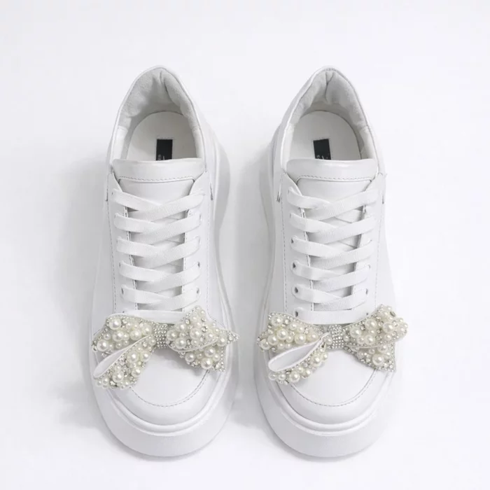 Pantofi casual Piele Naturala Albi sidefat cu funda perle Velisse picture - 2