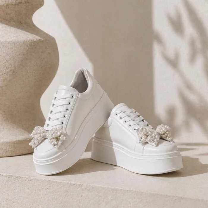 Pantofi casual Piele Naturala Albi sidefat cu funda perle Velisse picture - 4