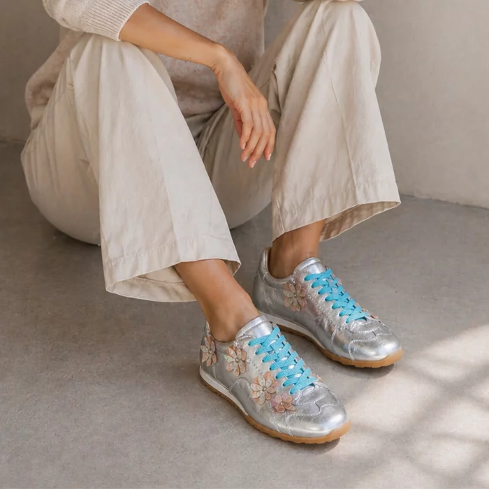 Pantofi casual Piele Naturala Argintii cu flori Teralis picture - 4