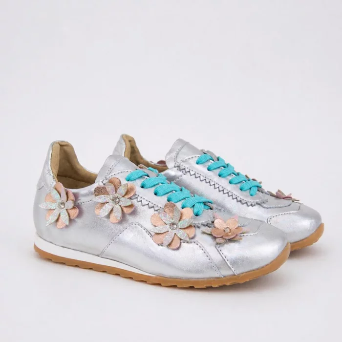 Pantofi casual Piele Naturala Argintii cu flori Teralis picture - 3