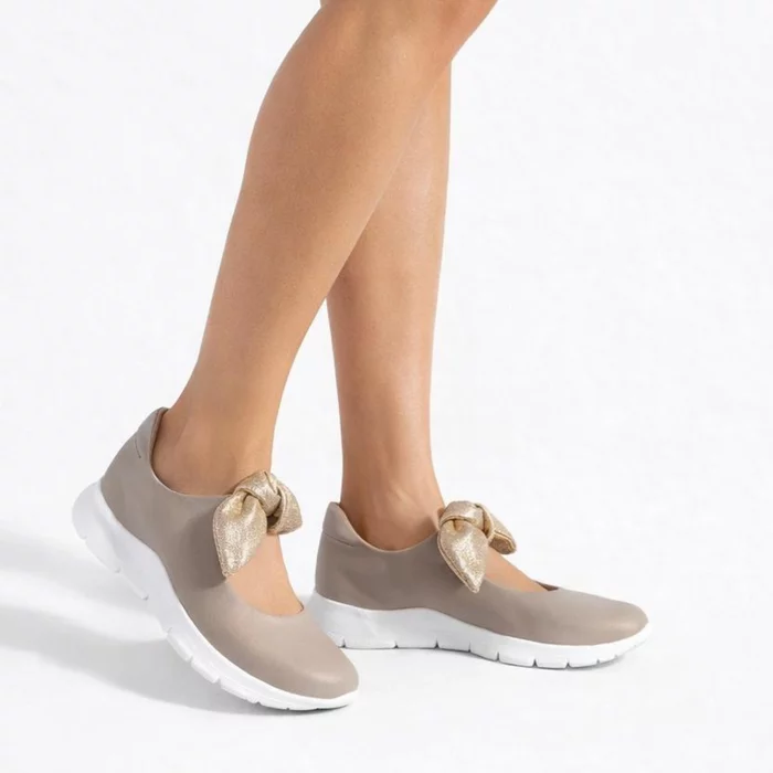 Pantofi casual Piele Naturala Bej cu auriu Mini Bow picture - 2