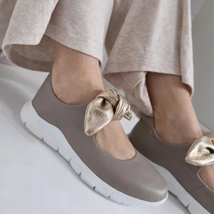 Pantofi casual Piele Naturala Bej cu auriu Mini Bow picture - 6