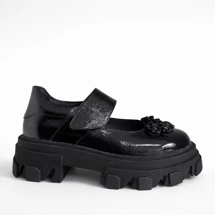 Pantofi casual Piele Naturala Negri cu accesoriu floare Ada picture - 4