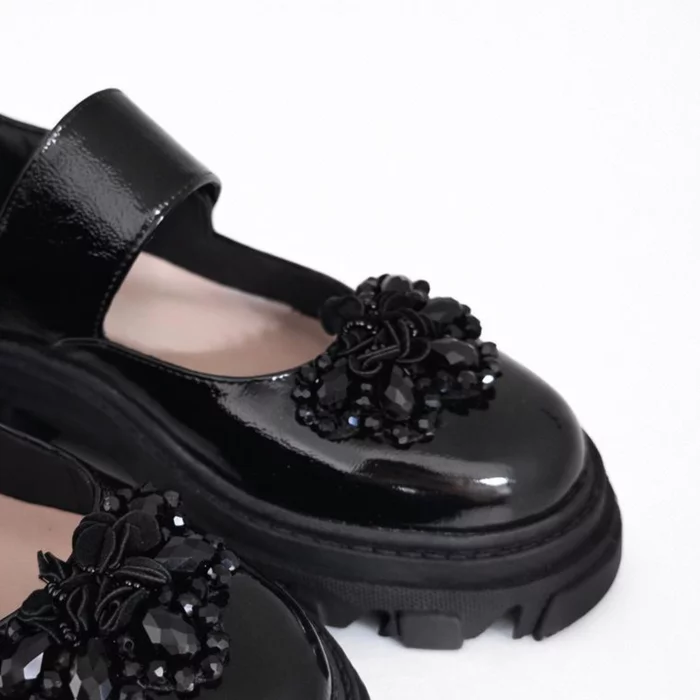 Pantofi casual Piele Naturala Negri cu accesoriu floare Ada picture - 3
