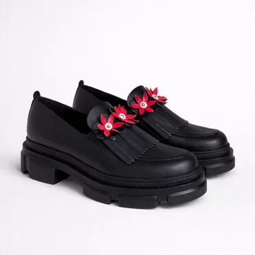Pantofi casual Piele Naturala Negri Garkony Flower Loafer