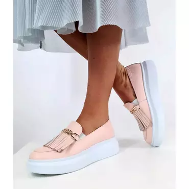 Pantofi casual piele roz Klara cu accesoriu si franjuri