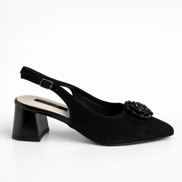 Pantofi dama eleganti Piele Naturala Negri cu aplicatie florala Eclipse