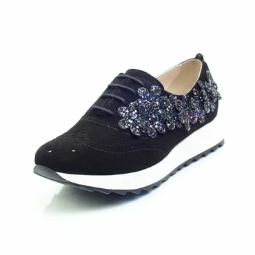 Pantofi dama piele intoarsa neagra Young Sport cu floricele glitter
