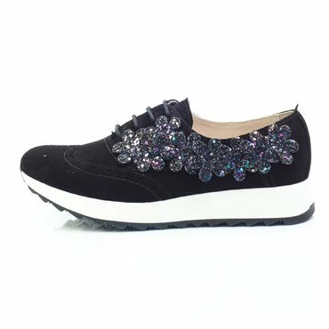 Pantofi dama piele intoarsa neagra Young Sport cu floricele glitter