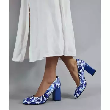 Pantofi dama Piele Naturala imprimeu floral alb cu albastru Gioelia