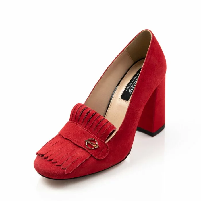 Pantofi rosii din piele intoarsa cu franjuri si accesoriu - Garkony
