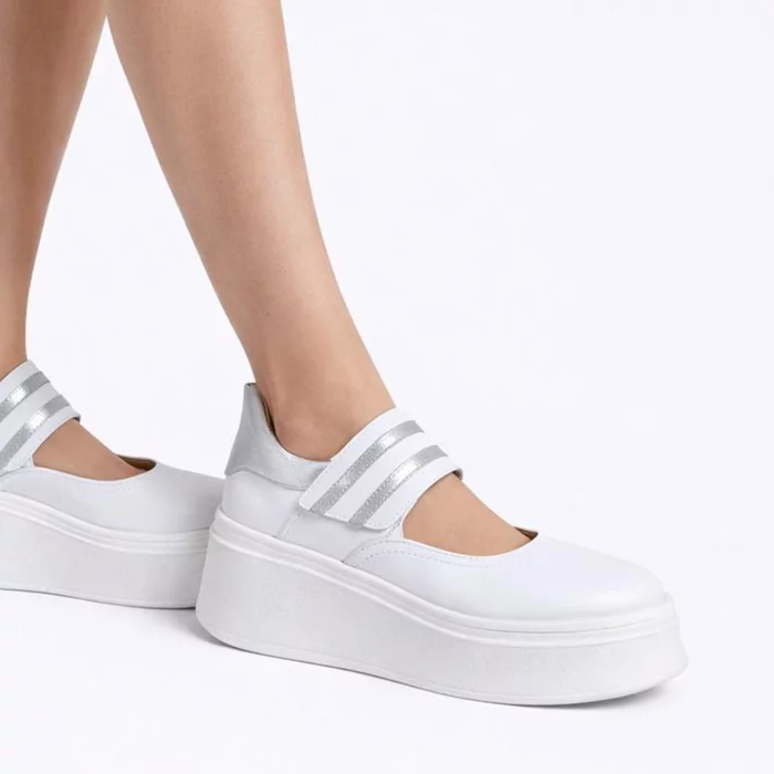 Pantofi sport elegant Piele Naturala Albi cu argintiu Garkony Silver Line picture - 2