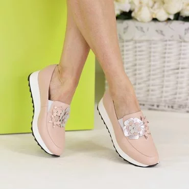 Pantofi sport piele roz pal  Klara cu flori