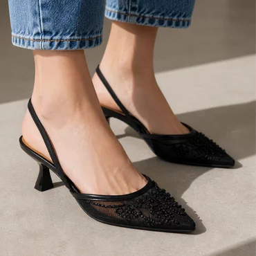 Pantofi stiletto eleganti din dantela Negri cu toc mic Lolita
