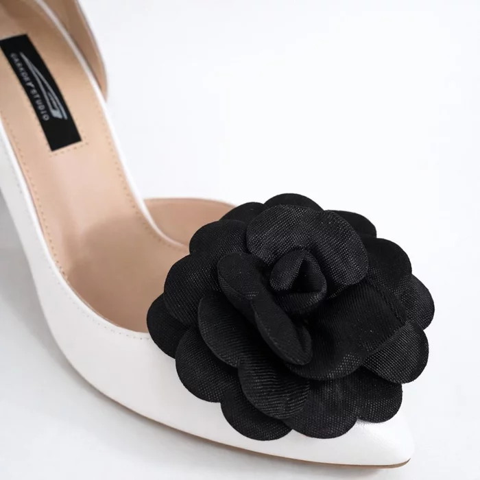 Pantofi stiletto Piele Naturala Albi sidefat cu floare Madona picture - 3