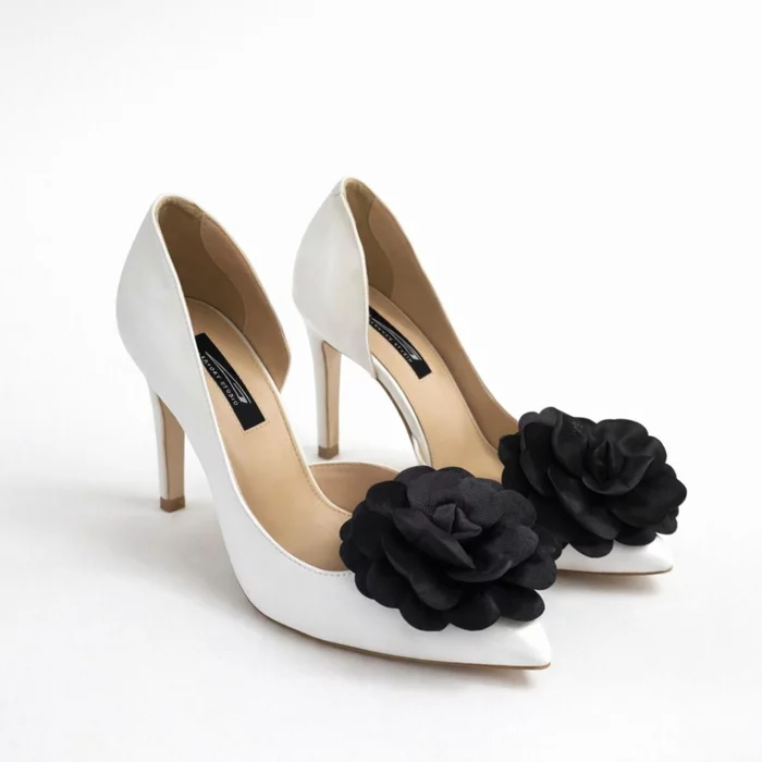 Pantofi stiletto Piele Naturala Albi sidefat cu floare Madona picture - 4