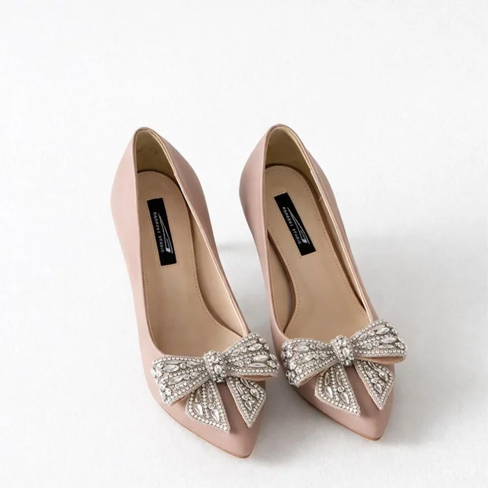 Pantofi stiletto Piele Naturala Bej Lux cu funde picture - 5