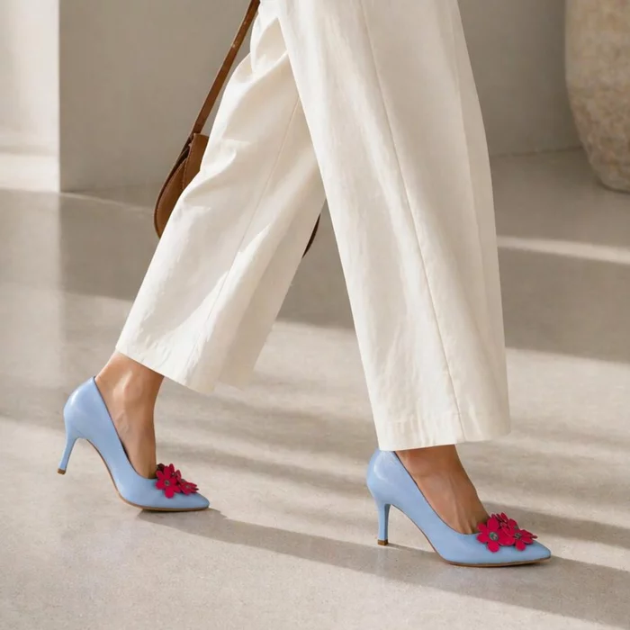 Pantofi stiletto Piele Naturala Blue Spring Bloom picture - 3