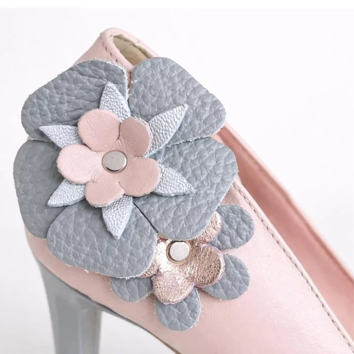 Pantofi stiletto trend piele roz pudra cu aplicatii florale picture - 7