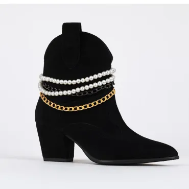 Ciocate dama Piele Naturala Negre accesorizate cu lant perle Sisa