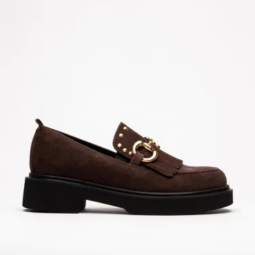 Pantofi casual dama Piele Naturala velur Maro ciocolata cu franjuri Glory