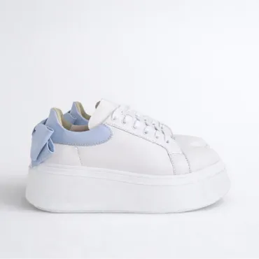 Pantofi casual Piele Naturala Alb cu Blue Bow