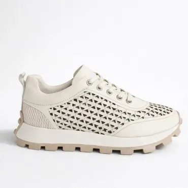 Pantofi sport din Piele Naturala perforata Bej Grid