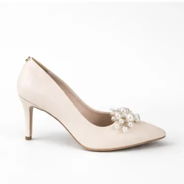 Pantofi stiletto Piele Naturala Crem cu accesoriu detasabil Pearl White
