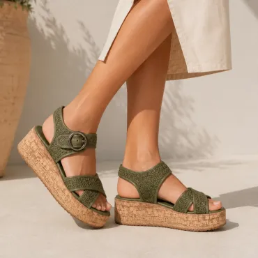 Sandale dama cu talpa platforma Piele Naturala cu textil Kaki Seraya