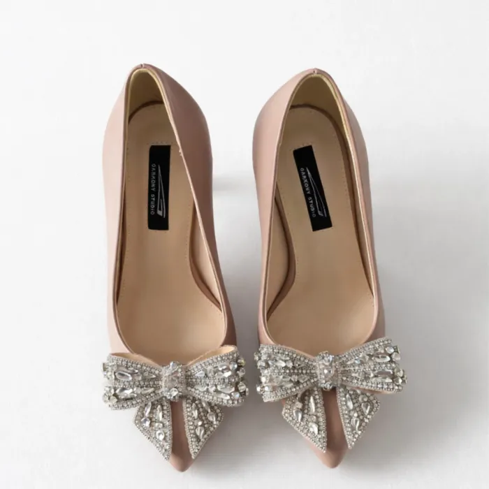 Pantofi stiletto Piele Naturala Bej Lux cu funde picture - 3
