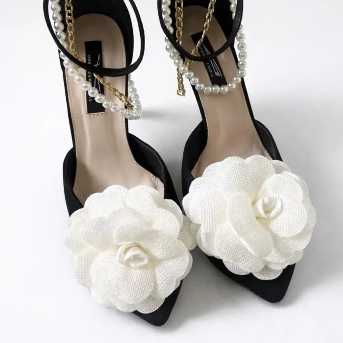 Pantofi stiletto Piele Naturala Negri cu lant perle detasabil Dream picture - 3